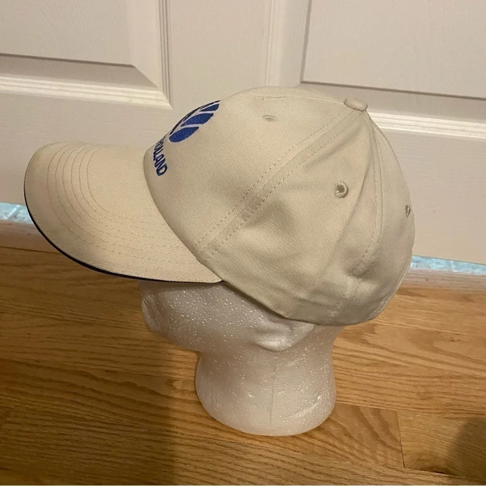 Vintage K Products New Holland Strapback Hat Tan Blue Flag Made in USA